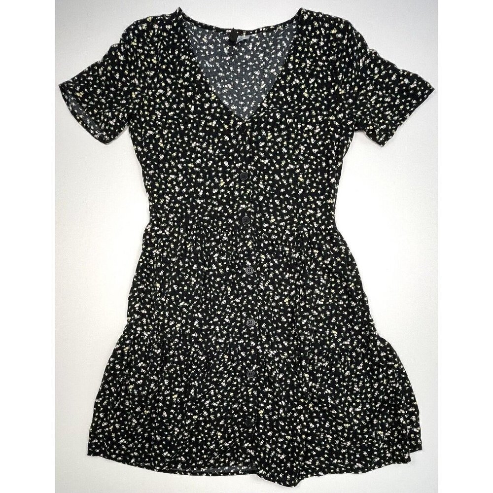 DIVIDED by H&M Womens 3XS XXXS Black Floral Button Front S/S SHIRT DRESS EUC
